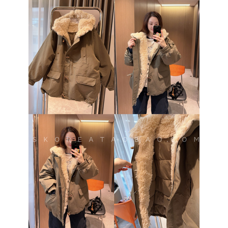 露丝同款～2025新款内里羊羔毛收腰拼接羽绒服派克服外套
