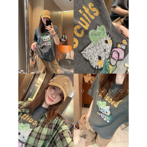 好看配色kitty印花～现货2026春秋新款磨毛好搭配灰色短袖T恤