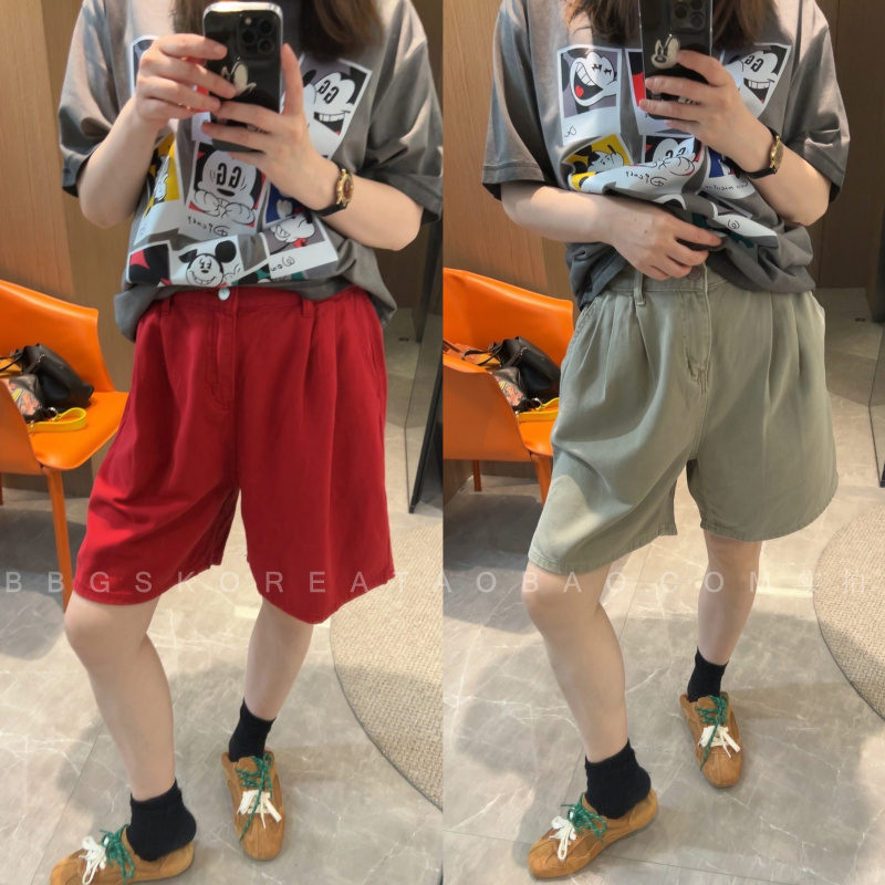 现货2025夏季新款女装太显瘦百搭灰杏色大红半松紧腰宽松牛仔短裤