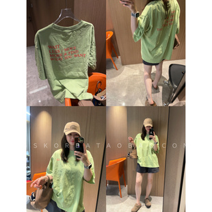 清爽草绿色~现货2026新款红色字母印花宽松竹节棉大版短袖T恤
