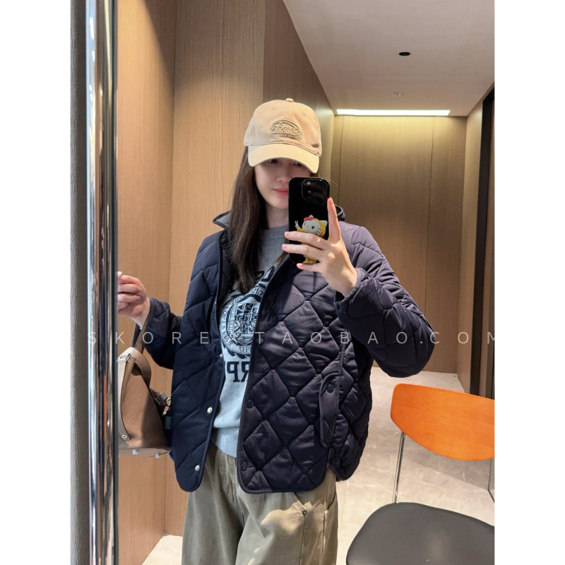 现货自留细节敲好帽子拆卸保暖巨显瘦通勤日常藏青色绗缝棉服外套