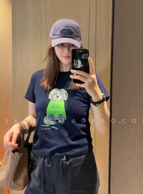 巨显瘦～现货2025绿色狗狗印花藏青色小版短袖T恤