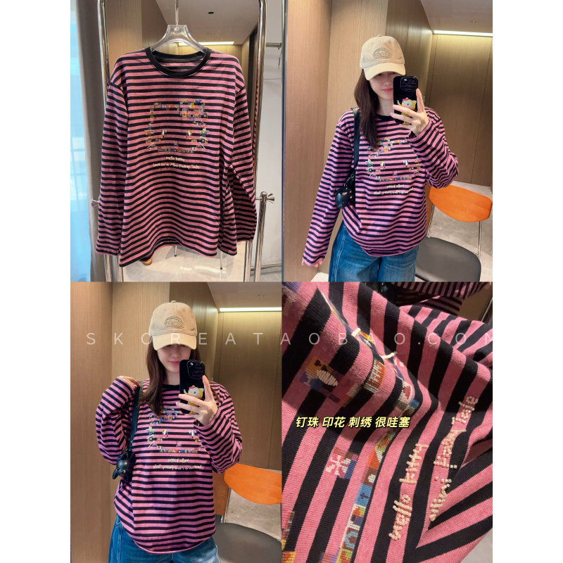 小众重工款闭眼入少见刺绣钉珠印花kitty粉色条纹宽松长袖T恤
