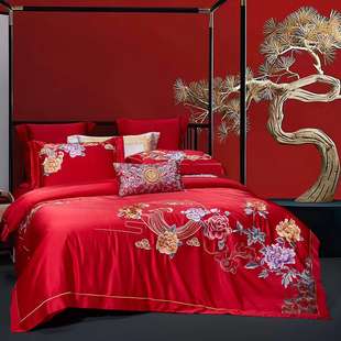 高档奢华高级感真丝棉中式 花卉刺绣红色结婚庆陪嫁被套床单四件套