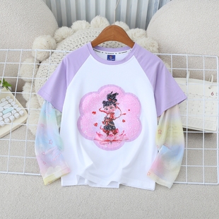 女童会变图案的短袖带防晒袖儿童假两件T恤拼接网纱敖闰变色衣服