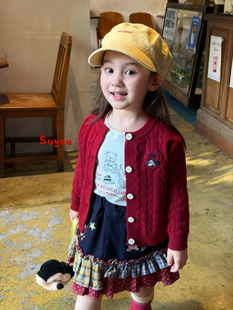 凡妈童装26秋新款女童小童韩版拼接牛仔半裙小熊T恤针织开衫外套