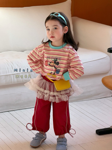 凡妈童装26春夏女童小童韩系条纹米奇T恤网纱裙摆抽绳休闲裤洋气