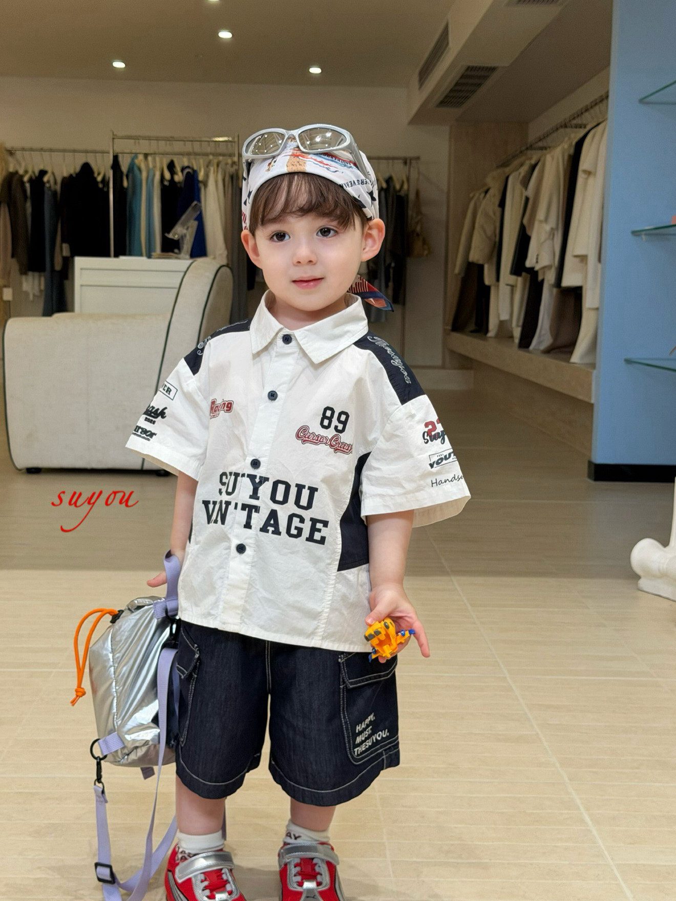 凡妈童装26夏季新款男童小童韩版休闲牛仔中裤字母拼色洋气白衬衫