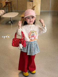 凡妈童装2026春款女童小童韩版动漫美少女T恤格子裙边休闲裤洋气