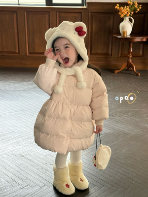 女童韩版可爱毛毛帽蝴蝶结羽绒服