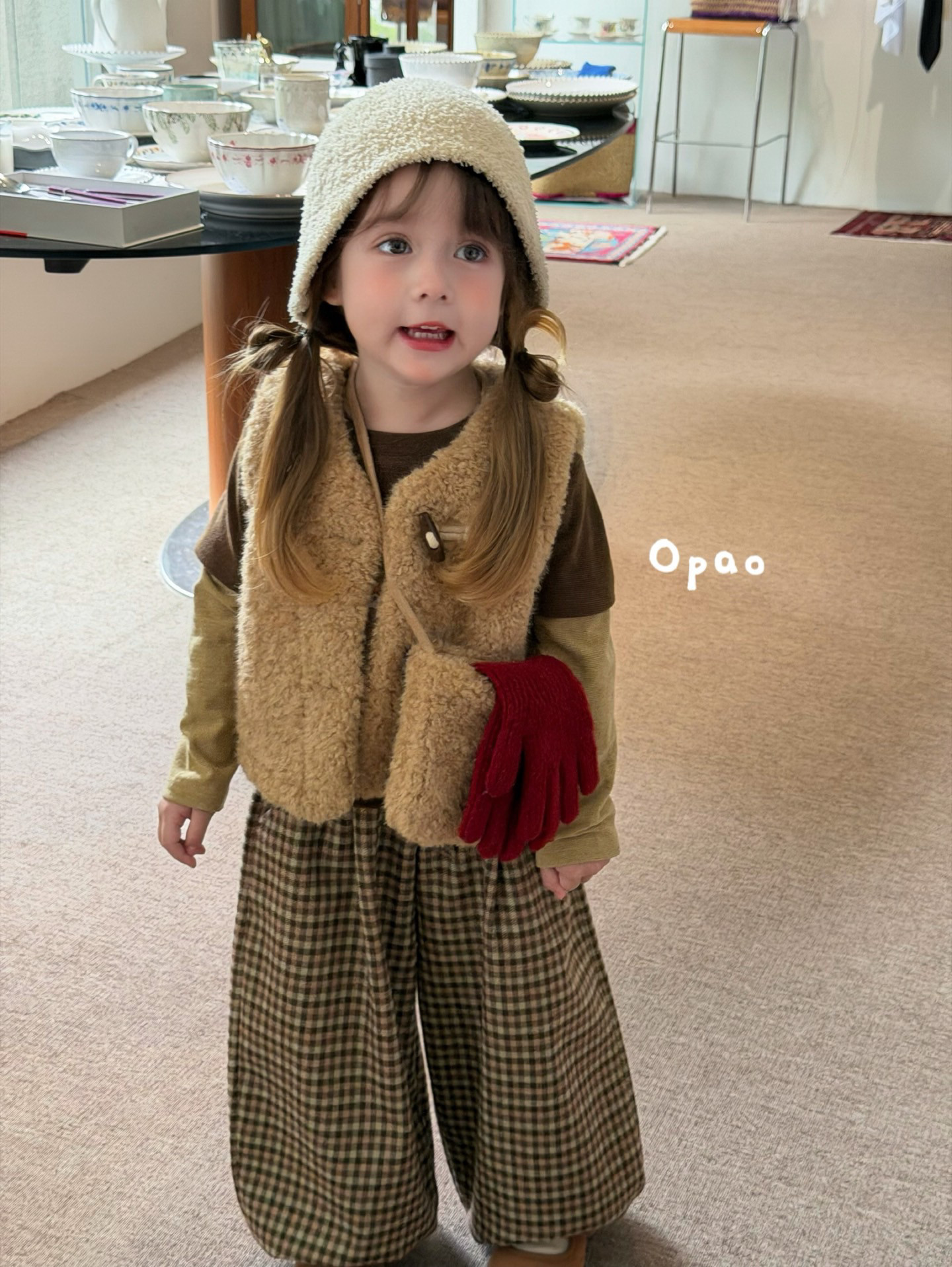 凡妈童装秋冬款女童小童韩版加绒格子裤拼色厚打底衫毛毛挎包马甲