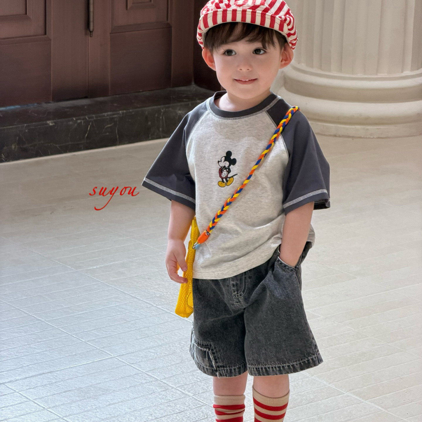 凡妈童装26夏新款男童小童韩版贴布牛仔短裤米奇拼色休闲短袖T恤