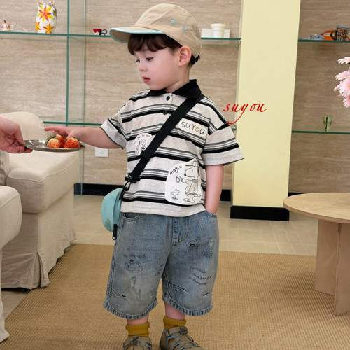 夏季男童韩版牛仔中裤条纹T恤