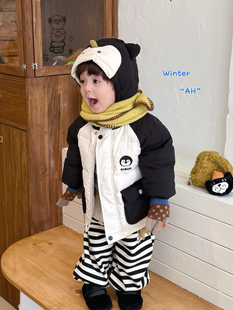 凡妈童装25冬季新款男童女童小童韩版童趣卡通企鹅连帽羽绒服外套