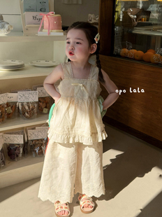 凡妈童装26夏新款女童小童韩版甜美绣花面料吊带娃娃衫阔腿裤套装