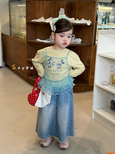 凡妈童装2026春款女童小童韩版米奇网纱吊带T恤阔腿牛仔长裤洋气