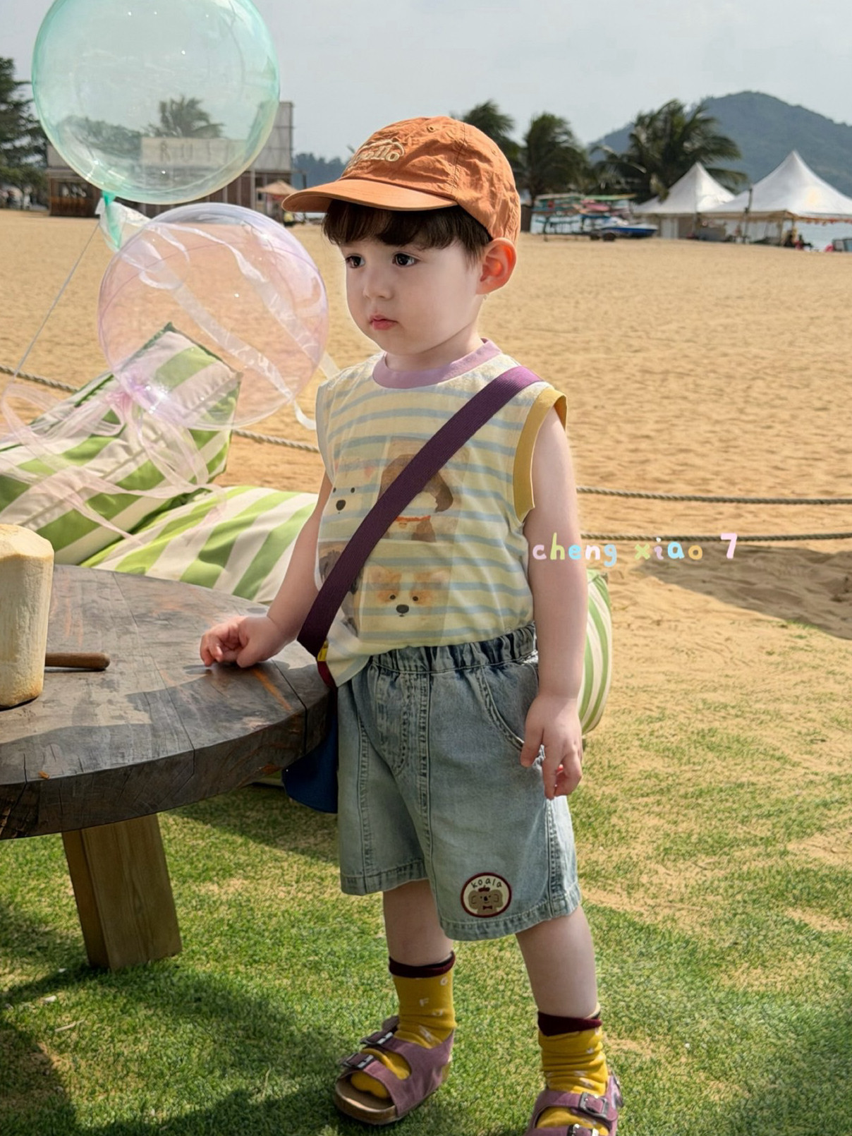 凡妈童装26夏新款男童小童韩版卡通可爱小狗条纹背心贴标牛仔短裤