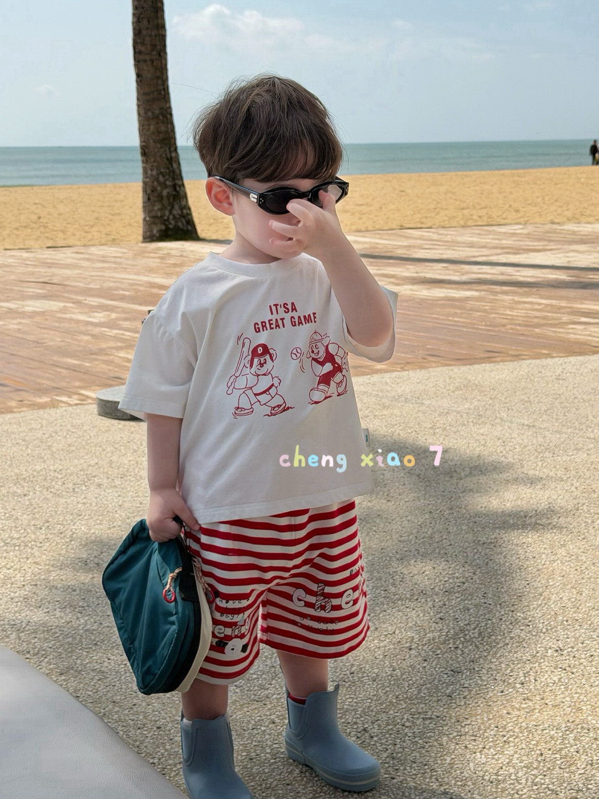 凡妈童装2026夏季新款男童小童韩版条纹休闲短裤棒球小熊印花T恤