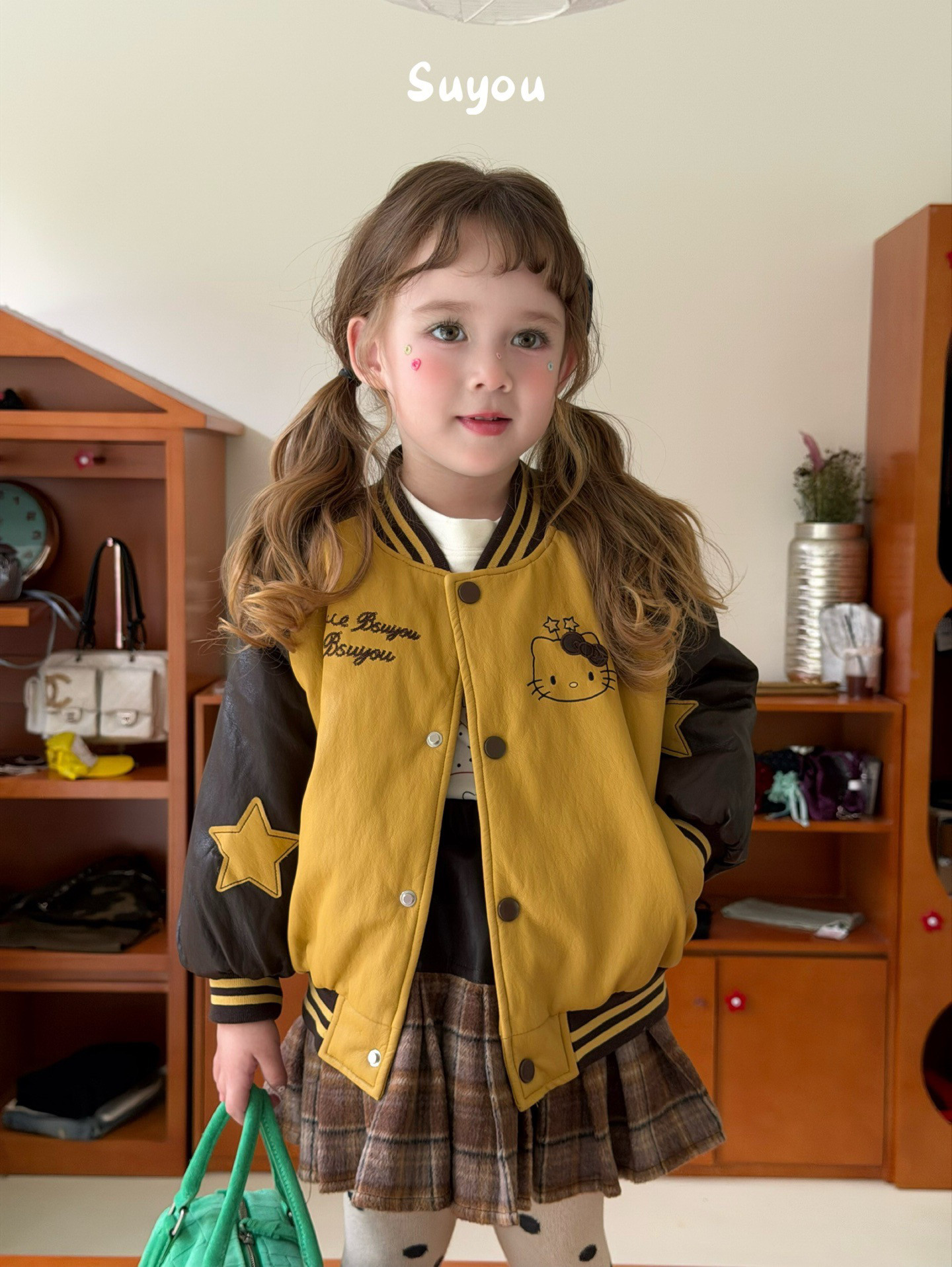 凡妈童装2026秋冬款女童小童韩版毛呢格子半裙PU皮衣夹棉棉服外套