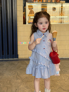 凡妈童装2026夏季新款女童小童韩系花边翻领格子无袖棉布连衣裙