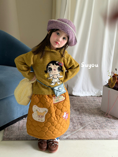 凡妈童装26秋冬新款女童小童韩版贴布格子棉裙精灵帽卡通娃娃毛衣