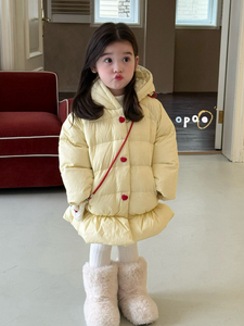 凡妈童装2025冬季新款女童小童韩版洋气爱心扣中长连帽羽绒服外套