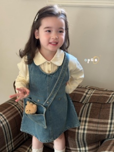 凡妈童装2026春季新款女童小童韩系复古水洗小熊挎包牛仔裙打底衫
