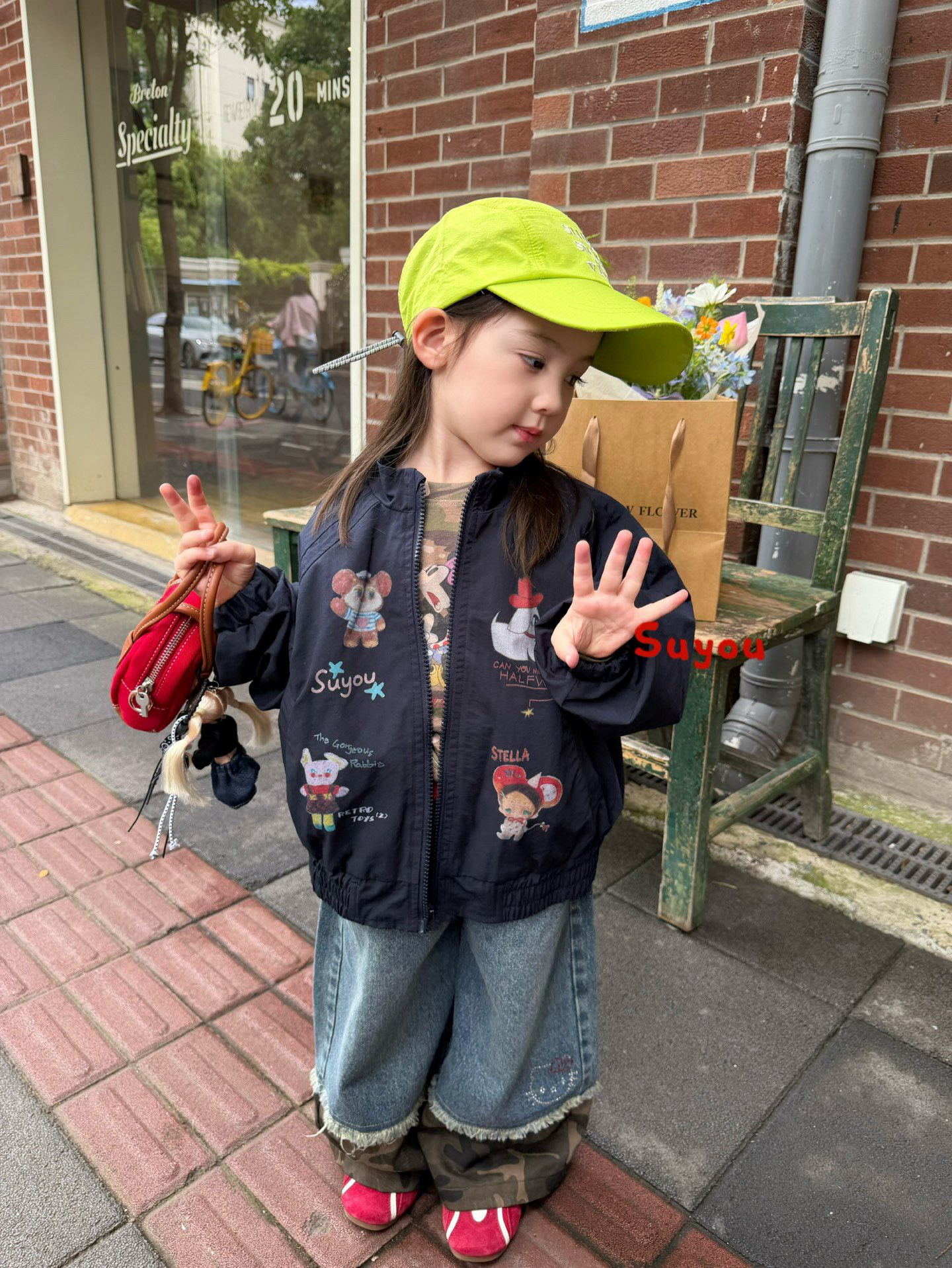 凡妈童装26秋季新款女童小童韩版迷彩拼接直筒牛仔裤卡通休闲外套