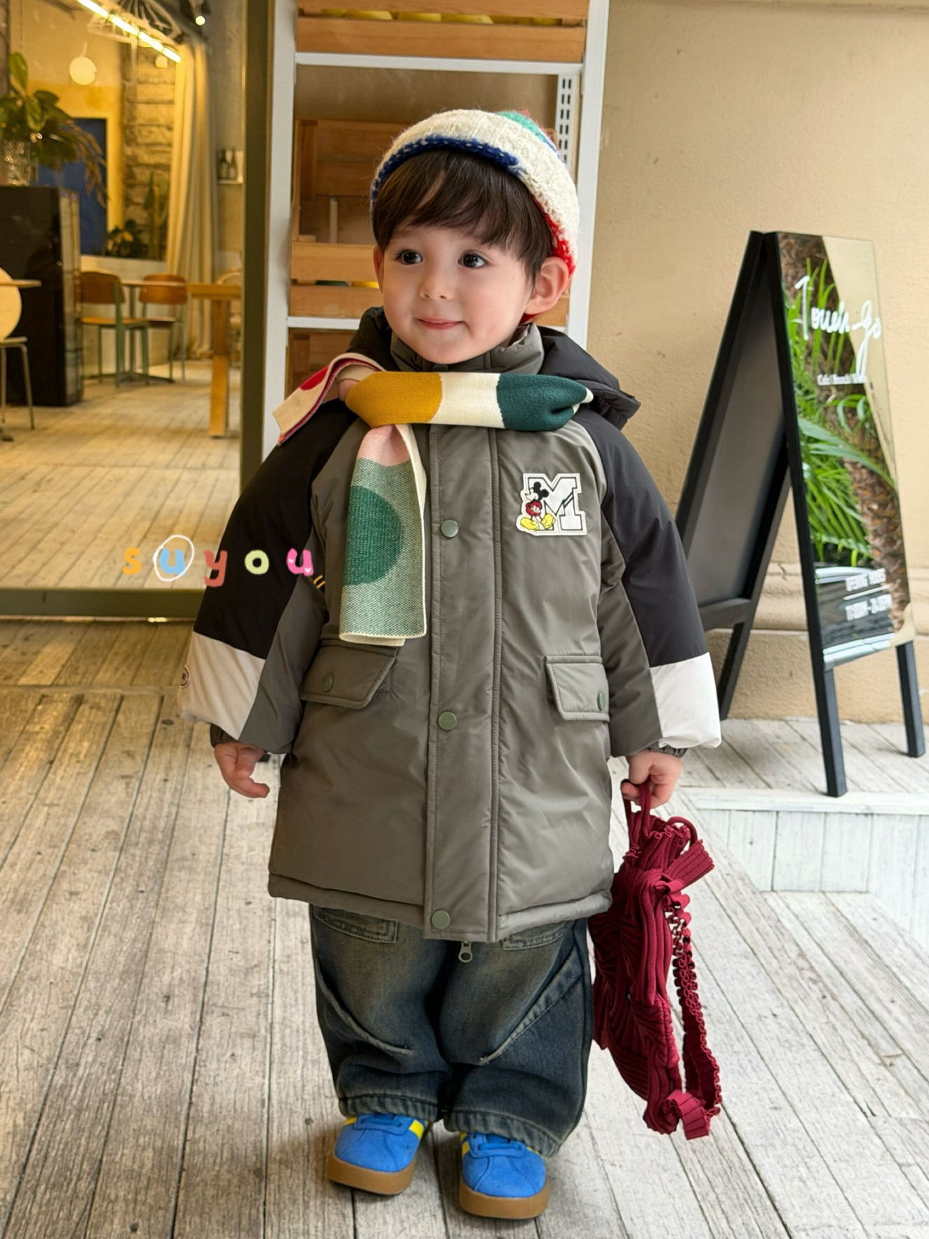 男童韩版米奇贴布拼色羽绒服外套