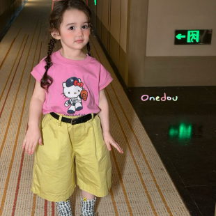 凡妈童装2026夏新款女童小童韩版休闲棉质七分裤KT猫可爱短袖T恤