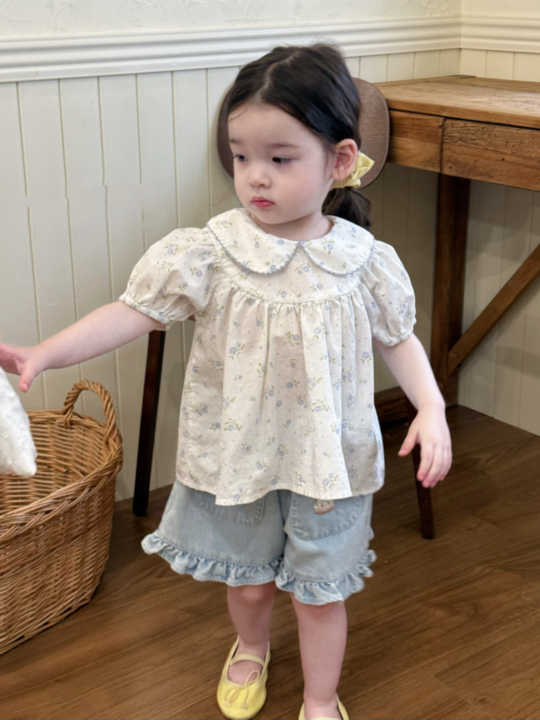 凡妈童装2025夏新款女童小童韩版碎花甜美纯棉娃娃衫柔软牛仔短裤