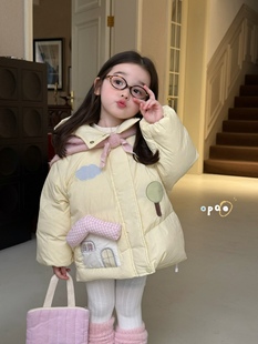 凡妈童装25冬季新款女童小童韩版卡通可爱刺绣贴布连帽羽绒服外套