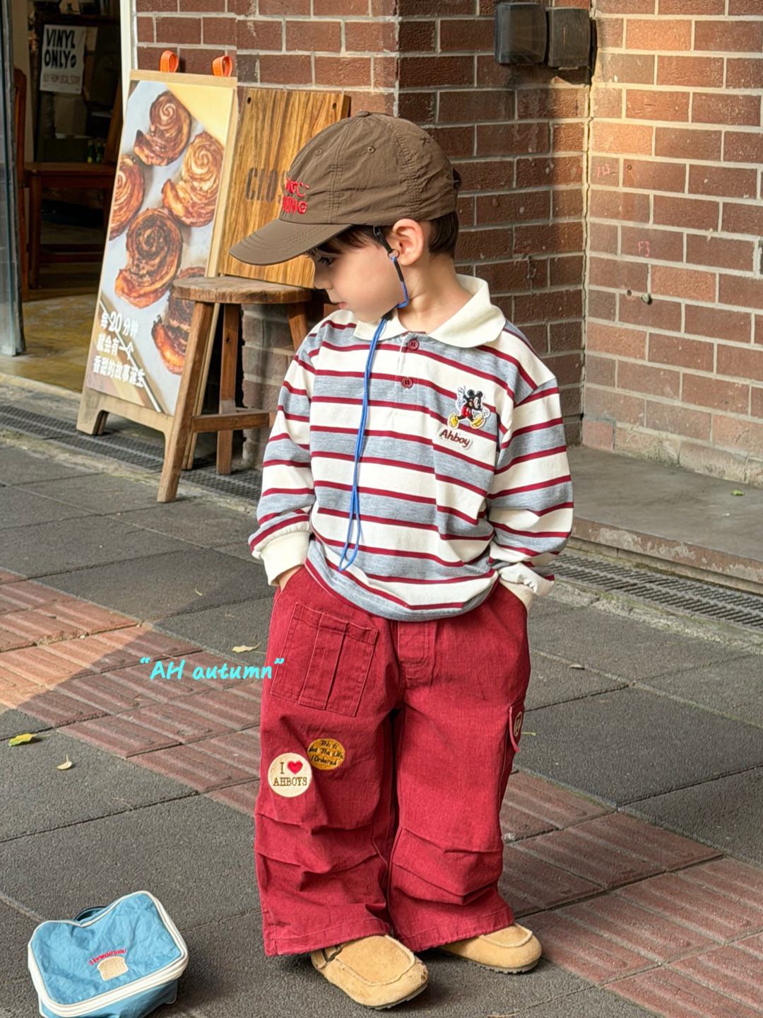 凡妈童装26秋季新款男童小童韩版贴标休闲长裤条纹米奇翻领卫衣