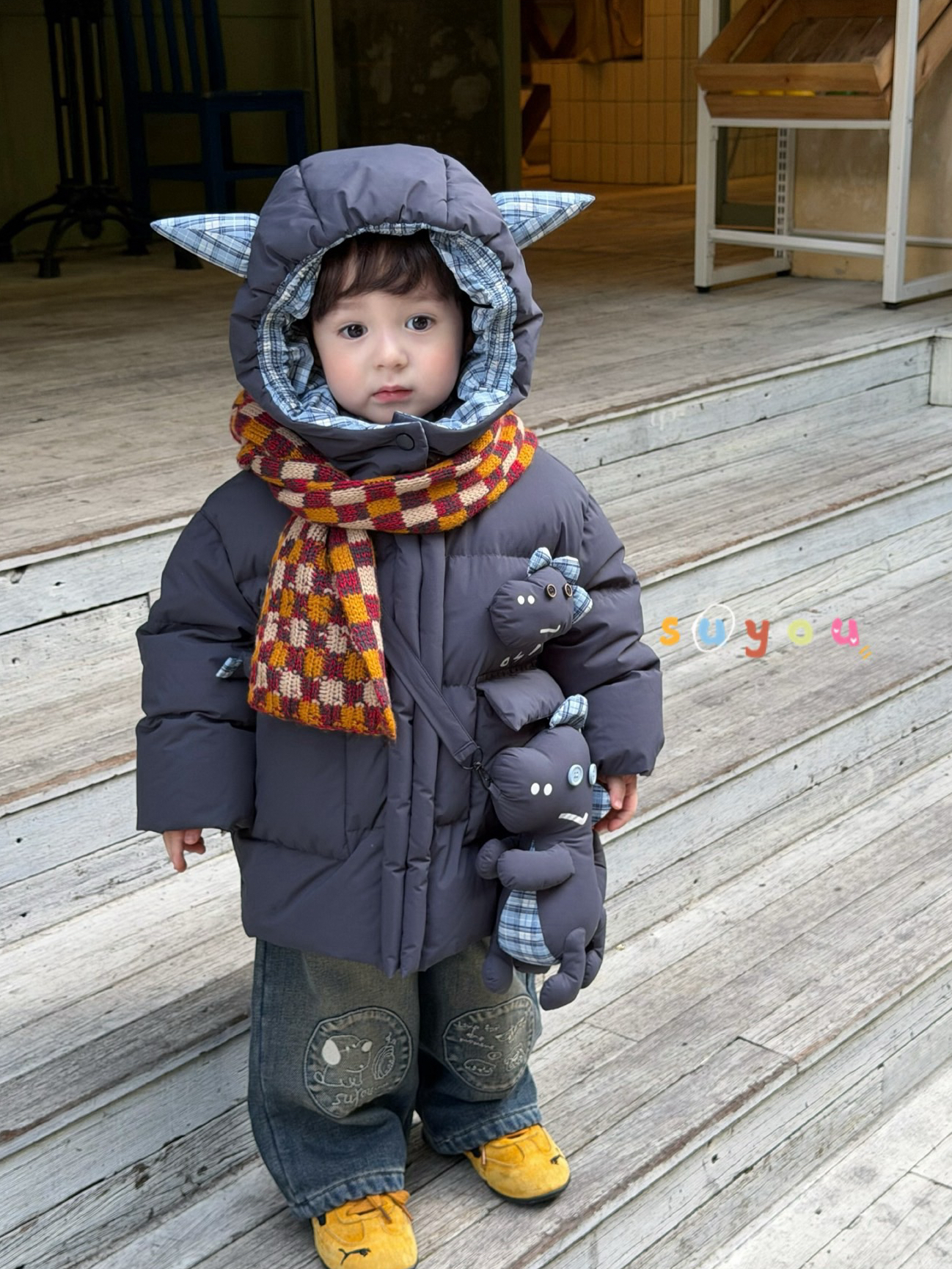 男童韩版卡通恐龙中长款羽绒服