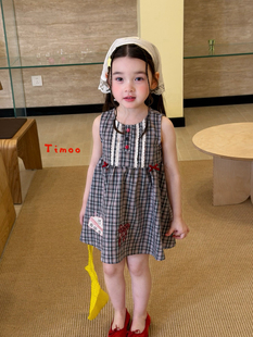 凡妈童装2026夏新款女童小童韩系卡通贴布花边装饰格子棉布连衣裙