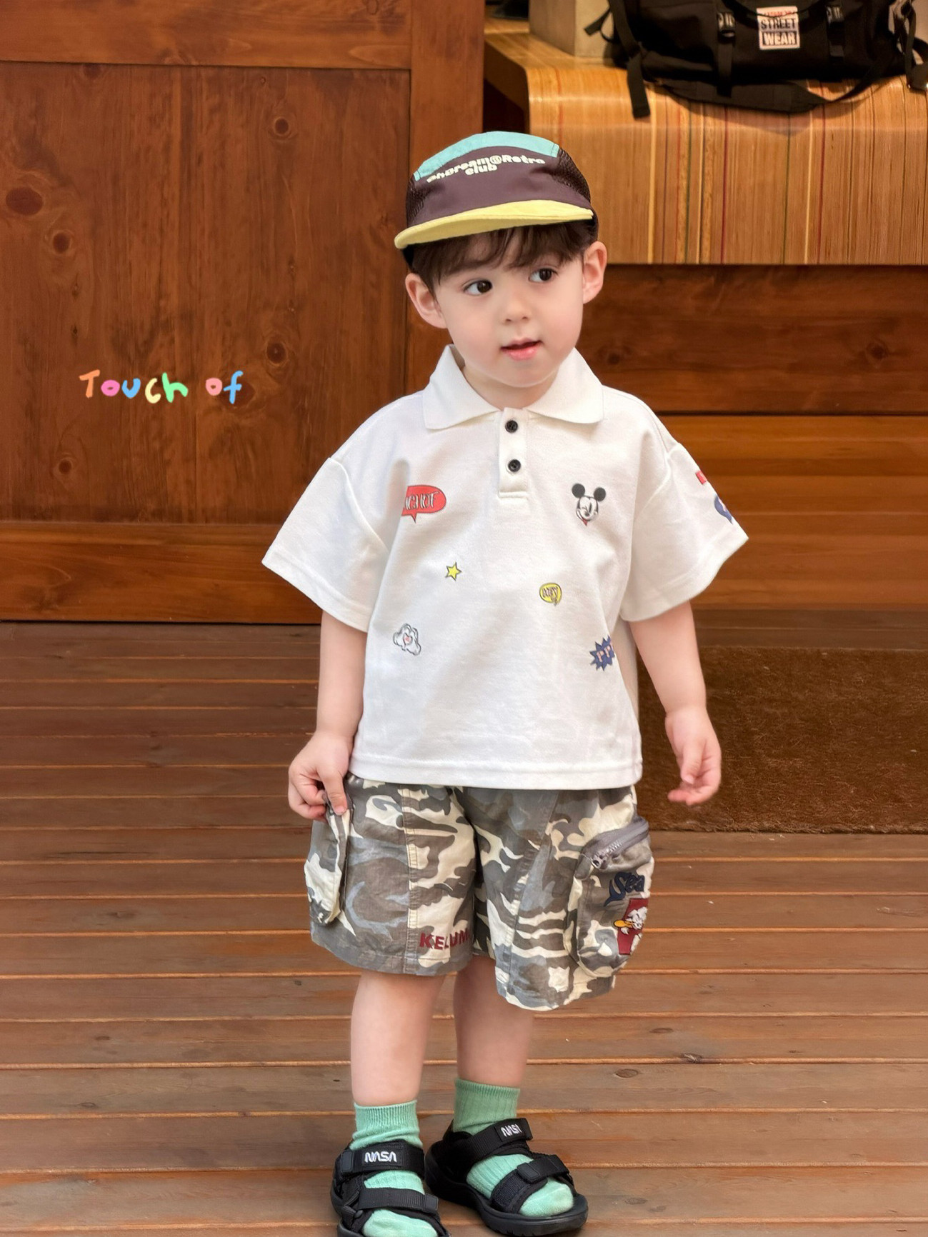 凡妈童装26夏季新款男童小童韩版迷彩休闲短裤米奇翻领白poloT恤