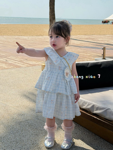 夏新款女童韩版娃娃领格子连衣裙