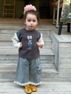 凡妈童装2026春款女童小童韩版米奇蝴蝶结T恤阔腿花边牛仔裤洋气