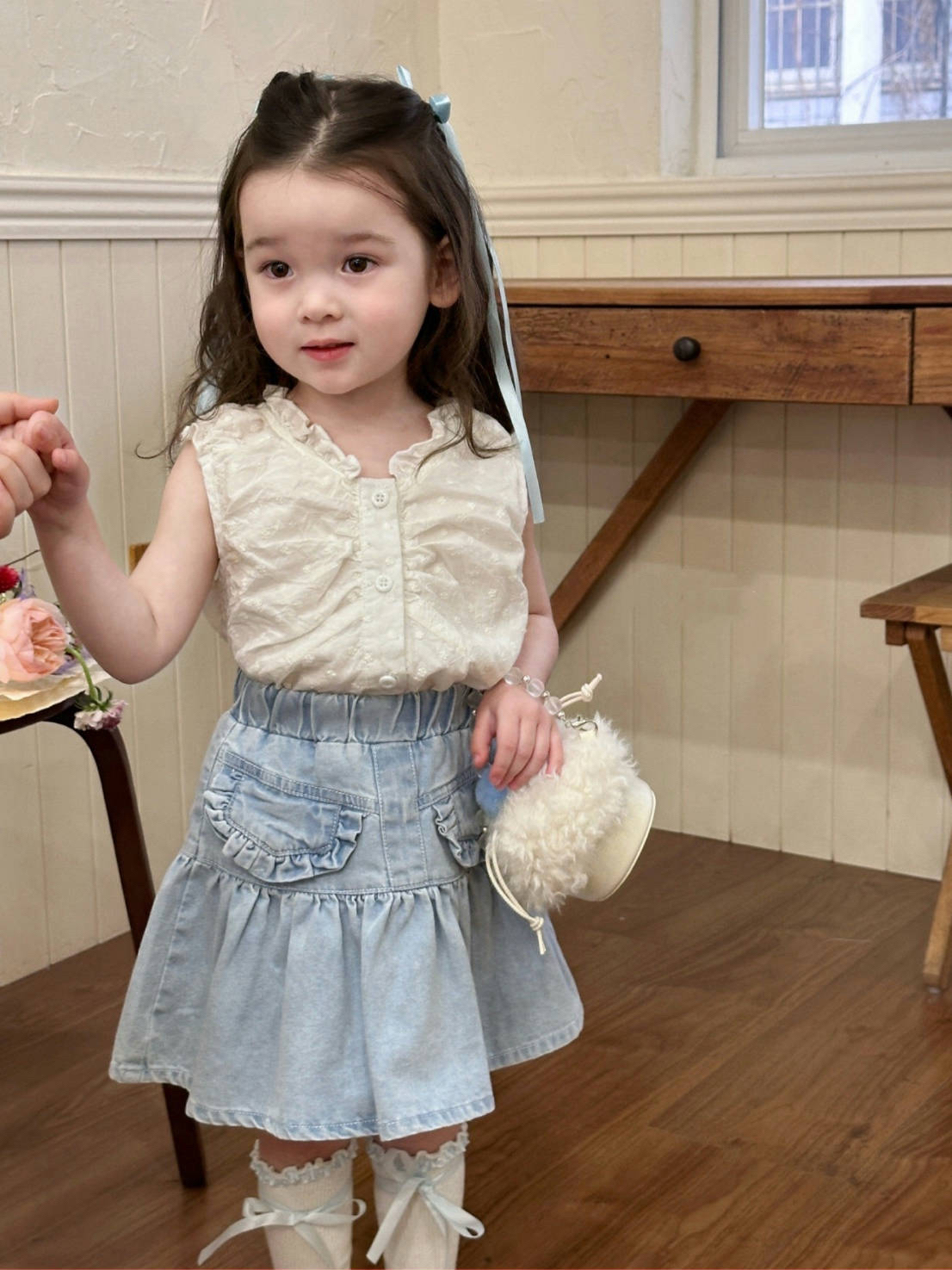 凡妈童装2025夏新款女童小童韩版柔软花边绣花无袖娃娃衫牛仔半裙