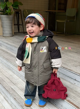 凡妈童装25冬季新款男童小童韩版米奇贴布拼色休闲中长羽绒服外套