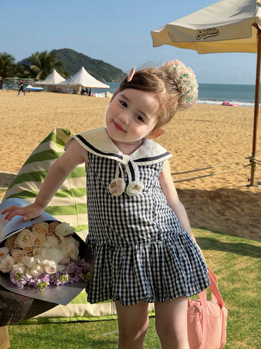 夏季女童韩版海军领格子连衣裙