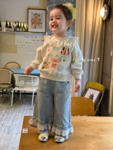 凡妈童装2026春款女童小童韩系卡通涂鸦娃娃领卫衣花边牛仔直筒裤