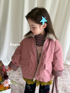 凡妈童装2026秋冬新款女童小童韩版后背卡通贴布格子拼色棉服外套