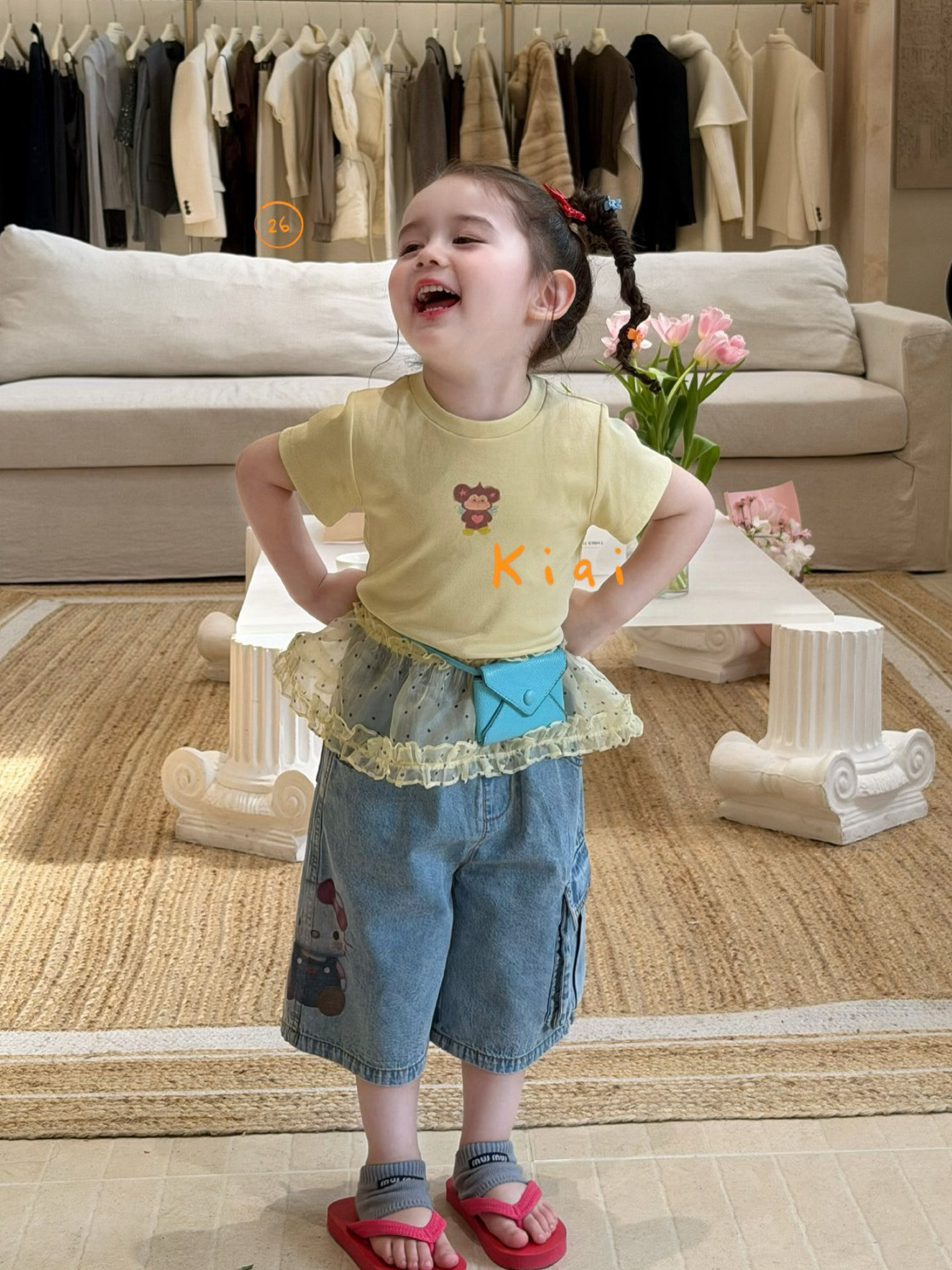 凡妈童装26夏季新款女童小童韩版口袋休闲牛仔裤卡通网纱拼接T恤
