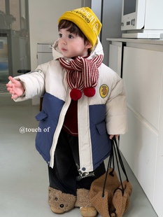 凡妈童装25冬季新款男童小童韩版卡通印花拼色休闲羽绒服外套洋气