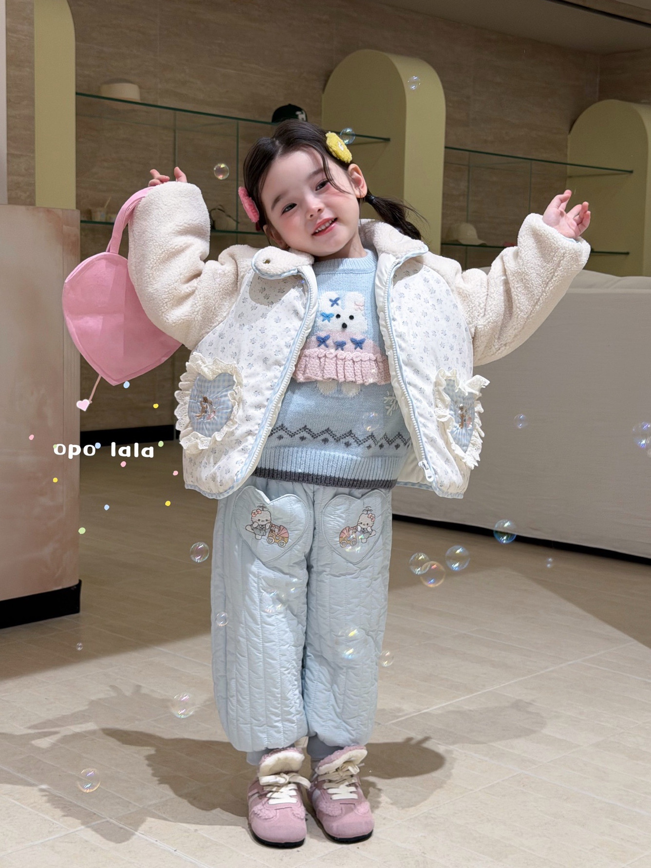 凡妈童装26秋冬款女童小童韩版兔子毛衣棉裤碎花毛毛甜美棉服外套