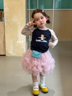 凡妈童装2026春款女童小童韩版可爱印花拼色修身T恤凸凸纱裙半裙