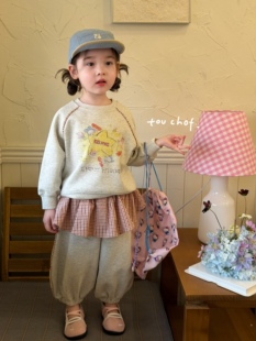凡妈童装26春款女童小童韩版可爱涂鸦卫衣格子裙边卫裤套装两件套