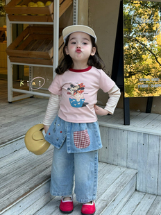 凡妈童装26春款女童小童韩版米奇假两件T恤刺绣直筒牛仔长裤裙裤