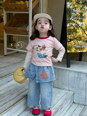 春季女童韩版米奇假两件牛仔裙裤